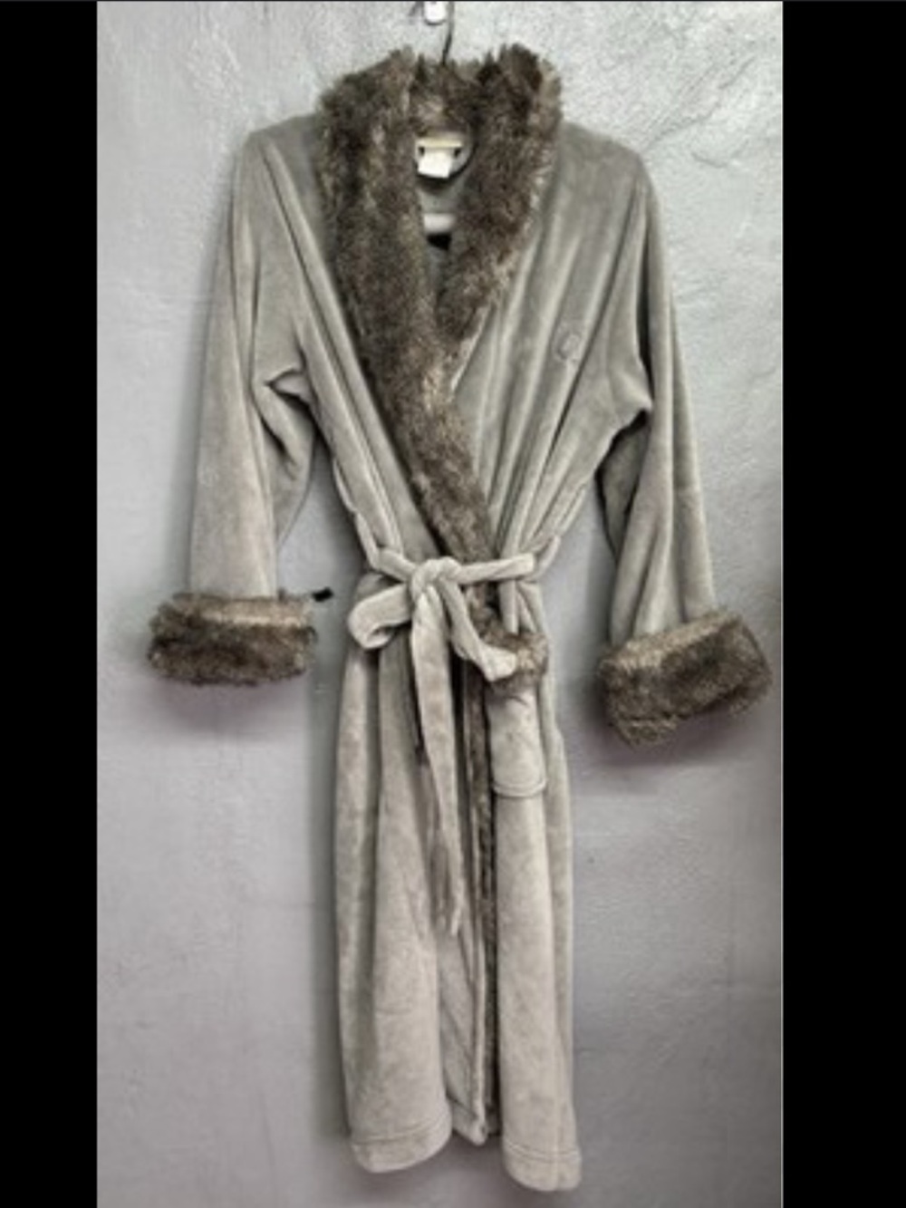 Pottery Barn Gray Robe Coat with Faux Fur Trim